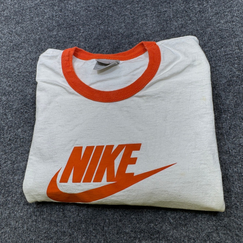 Vintage Nike Shirt Mens Large White Orange Ringer Silver Tag Air Swoosh Y2K 90s